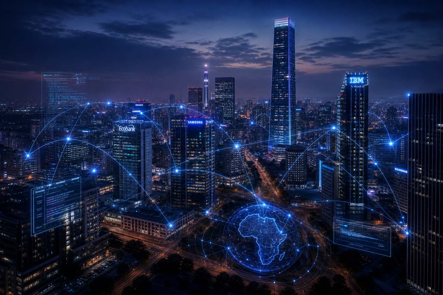 Transformação digital — cidade africana futurista com redes de dados